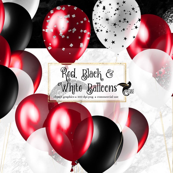 Red Black and White Balloons Clipart, glitter and confetti party clipart for birthdays PNG format instant download for commercial use