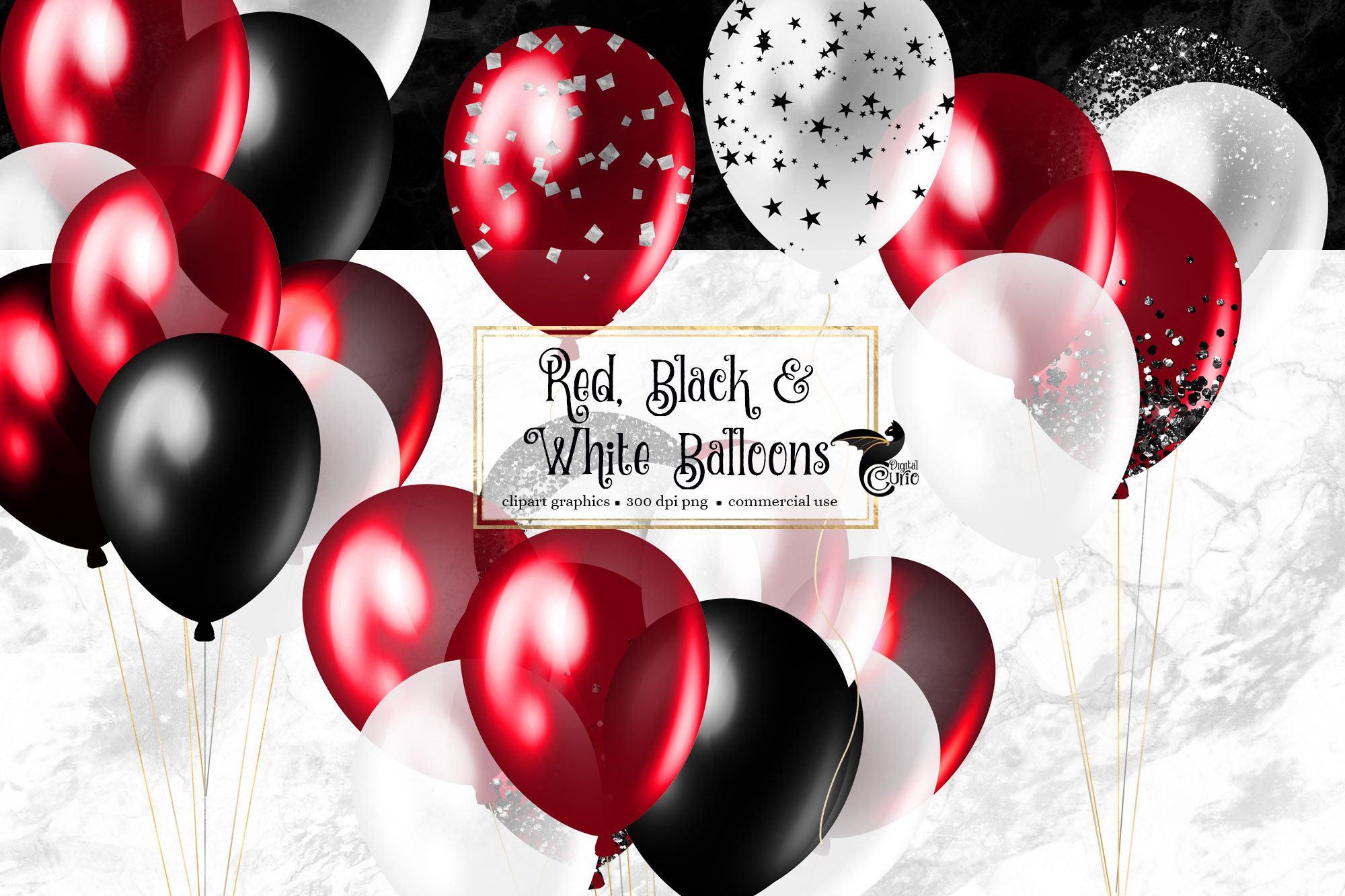 Red Black White Balloons Clipart, Glitter Confetti (PNG Digital ...