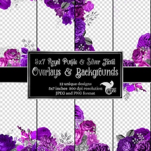 Sobreposições florais em roxo real e prata 5x7 para convites, planejadores, páginas de diário, clipart de flores vintage, clipart de molduras de casamento