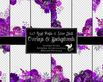 Superposiciones florales de color púrpura real, imágenes prediseñadas de flores plateadas (descarga digital)