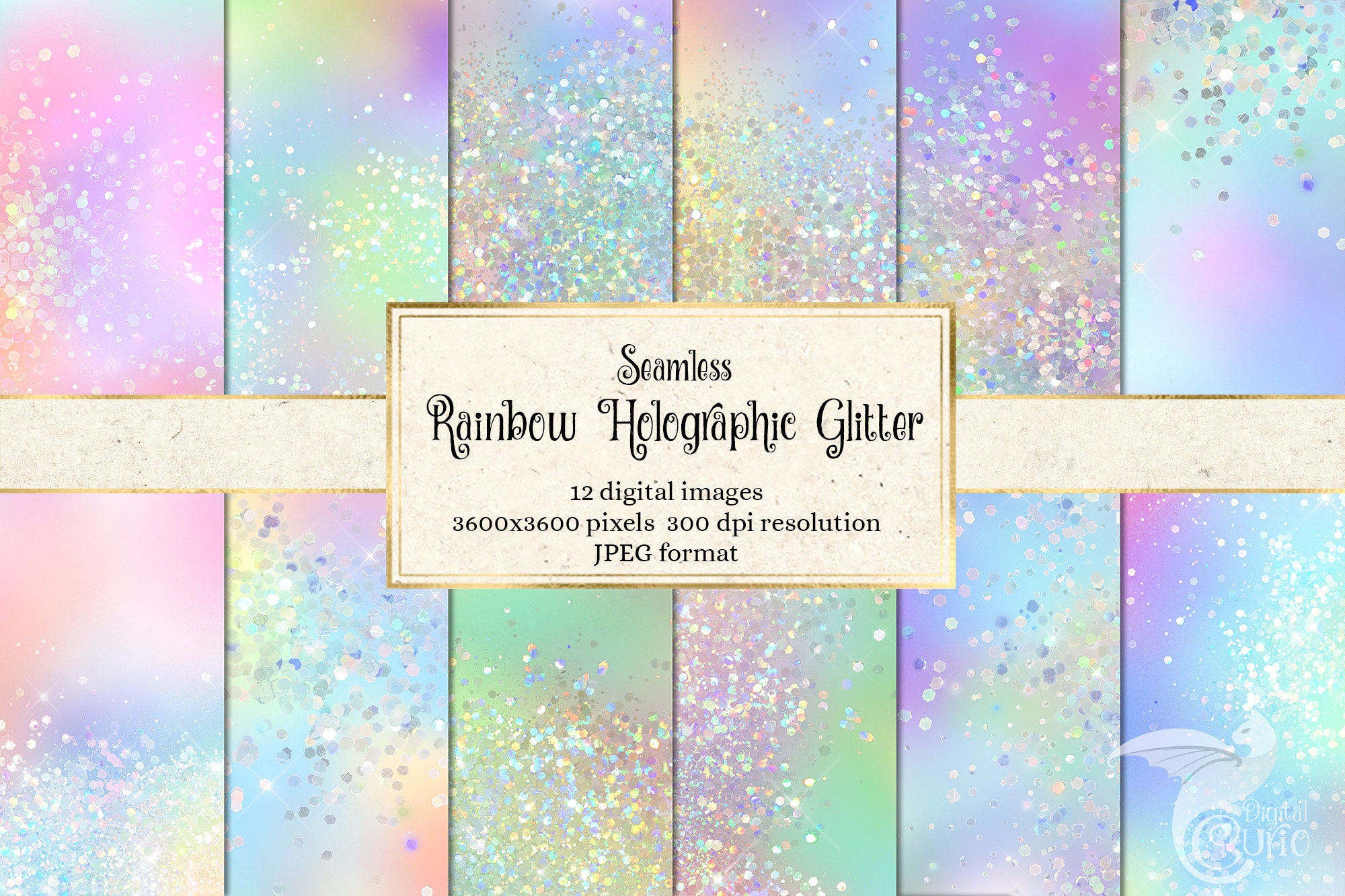 Rainbow Holographic Glitter Digital Paper, Seamless Iridescent Textures ...