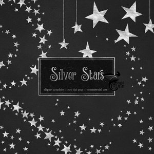 Zilveren sterren clipart, glitter illustraties, zilver folie sterren, hemelse clipart, sterrennacht hemel PNG digitale instant download commercieel gebruik