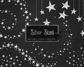 Silver Stars Clipart, Foil Celestial Design Elements (Digital Download)