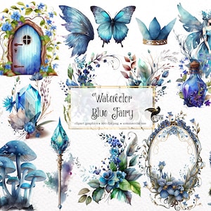 Fata blu dell'acquerello - grafica clip art fantasia primavera floreale in formato PNG download istantaneo per uso commerciale