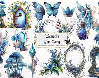 Watercolor Blue Fairy Clipart – Floral Fantasy Graphics (PNG, Digital ...