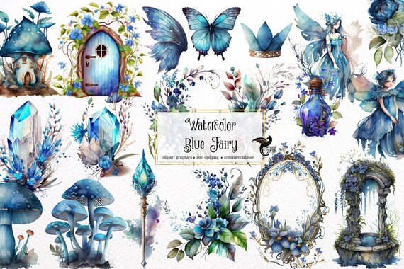 Watercolor Blue Fairy Clipart – Floral Fantasy Graphics (PNG, Digital Download)