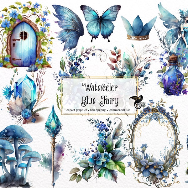 Watercolor Blue Fairy - fantasy floral spring clip art graphics in PNG format instant download for commercial use