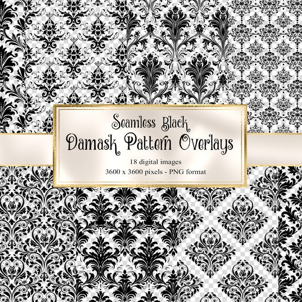Black Damask Pattern Overlays, seamless patterns in PNG format with transparent backgrounds instant download commercial use