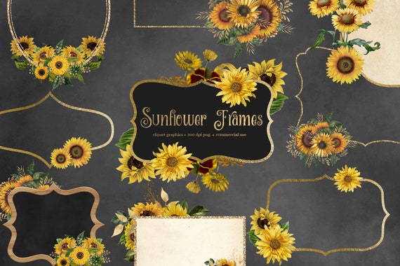 Geometric Sunflower Floral Frames Rustic frames clipart Yellow floral Sunflower digital frame PNG Floral Wedding frames Sunflower art