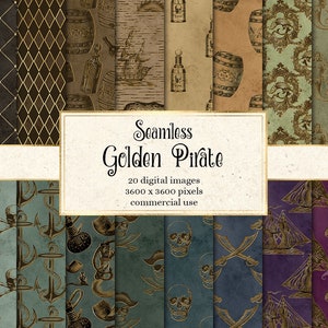 Papel digital pirata dorado, patrones náuticos antiguos sin costuras, mapa del tesoro pirata imprimible, papel de álbum de recortes, descarga instantánea