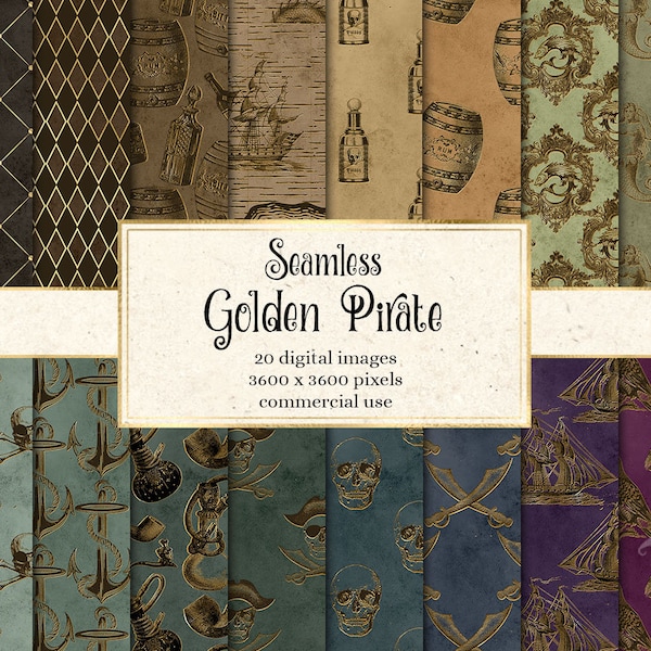 Golden Pirate Digital Paper, modelli nautici antichi senza soluzione di continuità, mappa del tesoro pirata stampabile, carta scrapbook, download istantaneo