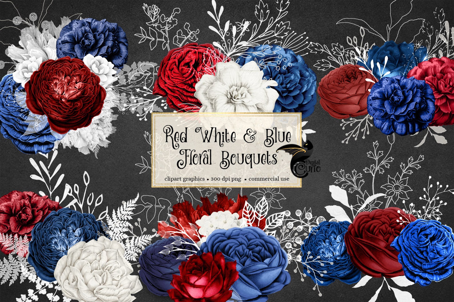 Red White and Blue Floral Bouquets Patriotic Flower Clip Art Etsy