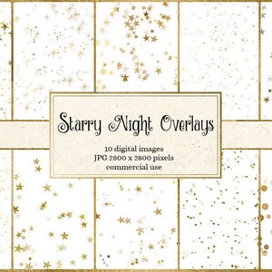 Starry Night Overlays, gouden ster confetti clipart, ster illustraties png goud folie digitale overlays, digitale download commercieel gebruik