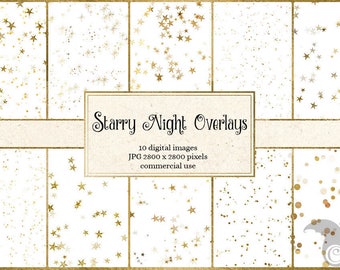 Starry Night Overlays, gold star confetti clipart, star clip art png gold foil digital overlays, digital download commercial use
