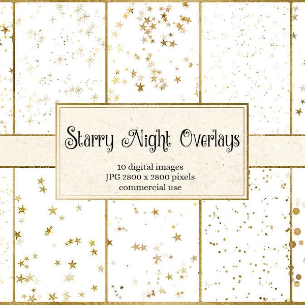 Starry Night Overlays, gold star confetti clipart, star clip art png gold foil digital overlays, digital download commercial use