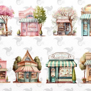 Watercolor Bakery Storefronts Clipart cute bakery shop cafe PNG format instant download for commercial use image 3