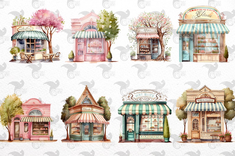 Watercolor Bakery Storefronts Clipart cute bakery shop cafe PNG format instant download for commercial use image 3