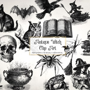 Antique Witch Clipart, vintage Halloween clip art graphics, skulls, bats, owls, spiders, digital ephemera instant download