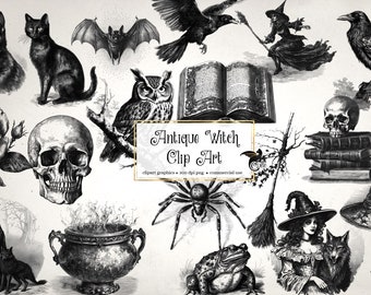 Vintage Witch Clipart, Halloween Graphics, Skulls, Bats (Digital Download)