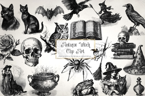 Vintage Witch Clipart, Halloween Graphics, Skulls, Bats (Digital Download)