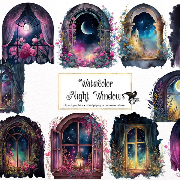 Watercolor Night Windows Clipart - floral fantasy cottage window watercolor PNG format instant download for commercial use