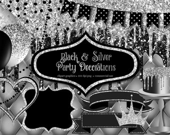 Black and Silver Party Decorations Clip Art with frames and banners for birthdays graduation or birthdays instant download commercial use