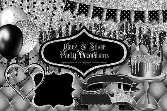 Black and Silver Party Decorations Clip Art with frames and banners for  birthdays graduation or birthdays instant download commercial use