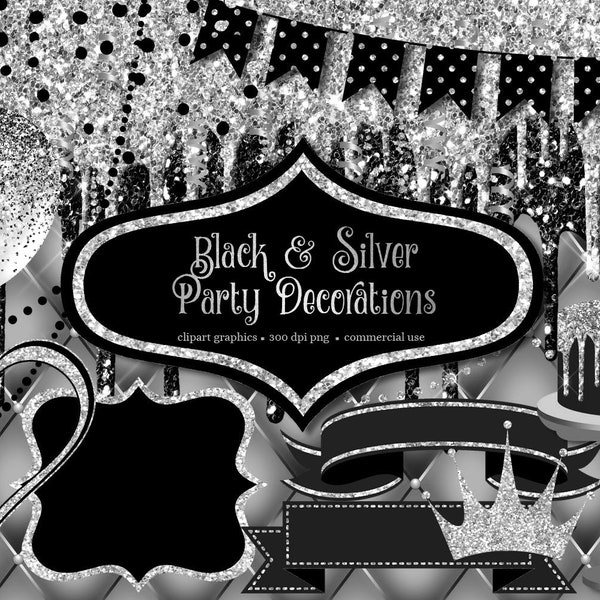 Black and Silver Party Decorations Clip Art with frames and banners for birthdays graduation or birthdays instant download commercial use