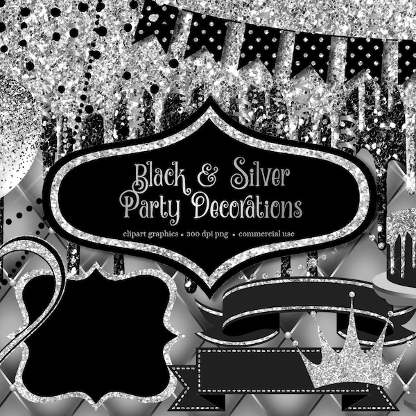 Black and Silver Glitter Party Clip Art: Banners, Frames (PNG, JPEG Digital Download)