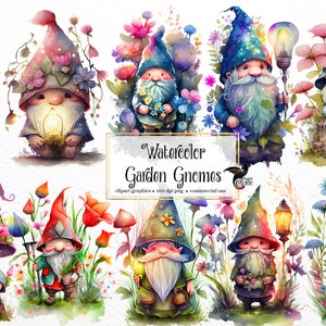 Gnomi da giardino dell'acquerello - grafica clip art di primavera floreale fantasy in formato PNG download istantaneo per uso commerciale