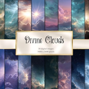 May include: A set of 30 digital images showcasing cloud formations in blue, teal, purple, and gold hues. The images depict sunlit skies and starry nights. The title "Divine Clouds" is presented on a gold-framed label.