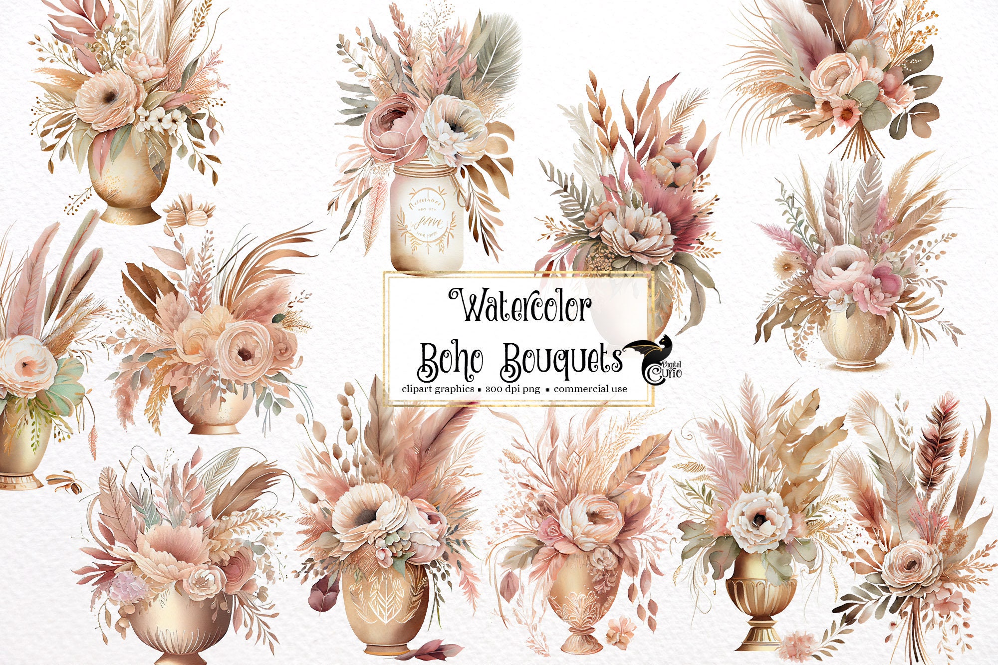 Watercolor Boho Bouquets - shabby floral wedding PNG format instant download for commercial use