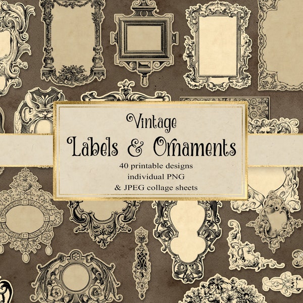 Étiquettes et ornements Clipart - étiquettes et cadres anciens éphémères vintage imprimables numériques pour usage commercial de pots d'apothicaire