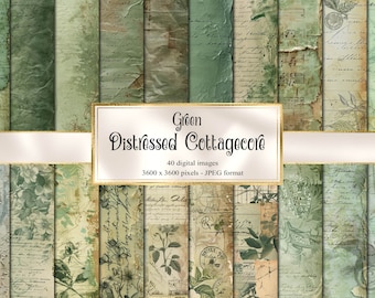 Pode incluir: Um conjunto de 40 fundos de papel digital em estilo cottagecore verde. Os papéis apresentam texturas desgastadas, texto escrito à mão, padrões florais e elementos vintage. Cada imagem é de 3600 x 3600 pixels em formato JPEG.