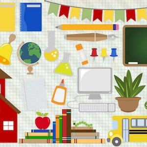 School Clipart Set, Teaching Supplies, Books, Science (Vectors Included)