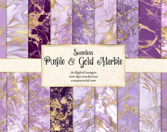 Purple and Gold Marble Digital Paper, seamless marble textures with gold vein instant download printable paper for commercial use