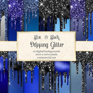 Blue and Black Dripping Glitter Digital Paper, glitter backgrounds with frosting drips printable scrapbook paper for commercial use