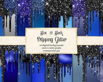 Blue and Black Dripping Glitter Digital Paper, glitter backgrounds with frosting drips printable scrapbook paper for commercial use