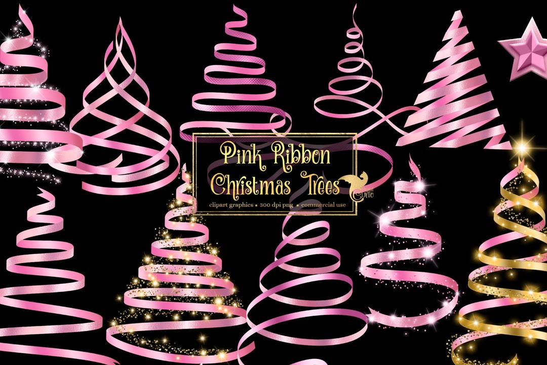 Pink Ribbon Christmas Tree Clip Art Digital Holiday Glitter Etsy
