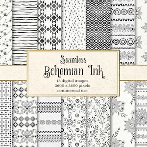 Bohemian Ink Digital Paper, seamless paper textures, watercolor boho patterns, black and white tribal, instant download commercial use