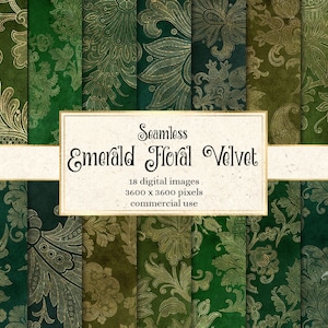 Emerald Floral Velvet Digital Paper, seamless green and gold flower patterns on distressed vintage velvet textures for commercial use