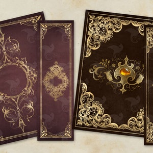 May include: Four printable book cover designs with ornate gold borders and embellishments on a dark brown background. The designs feature a variety of floral and geometric patterns.