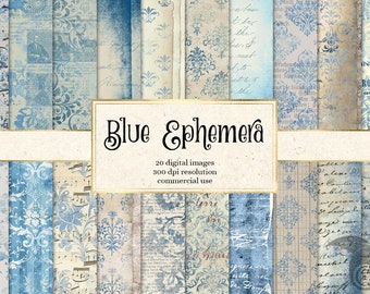 Blue Vintage Ephemera Paper, Scrapbook Textures (Digital Download)