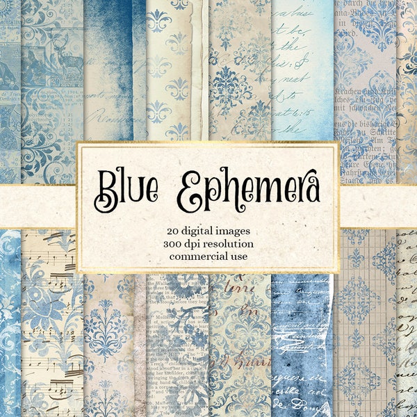 Blue Ephemera digital paper, instant download vintage scrapbook paper, old paper textures, decoupage printable digital backgrounds