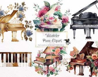 Watercolor Piano Clipart – Floral Musical Instrument Graphics (Digital Download)
