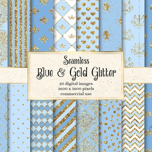 Blue and Gold Glitter Digital Paper, seamless gold glitter printable scrapbook paper for baby showers and birthdays, commercial use
