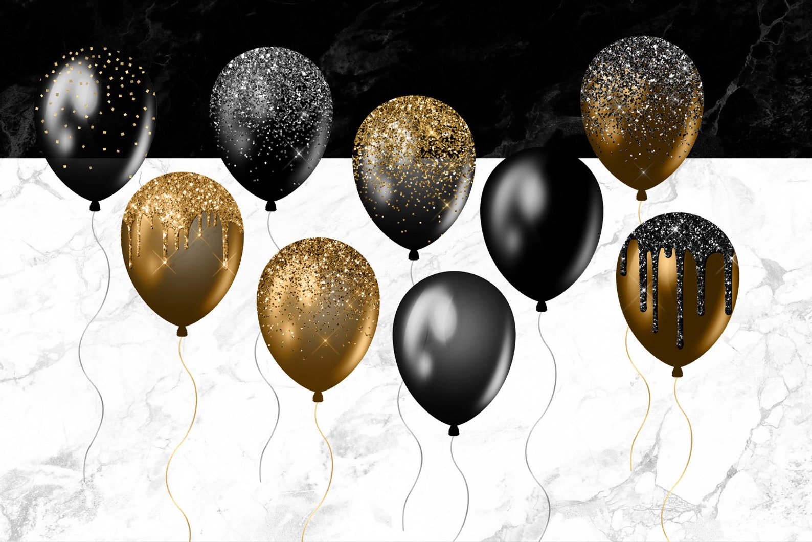 Black and Gold Balloons Clipart Glitter Balloon Png Digital Etsy