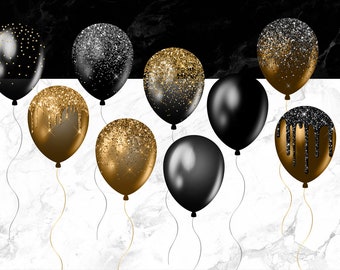 Globos negros y dorados Clipart, Glitter Balloon PNG Digital Overlays,  Glitter Sparkle Confeti, Instant Download commercial use -  México