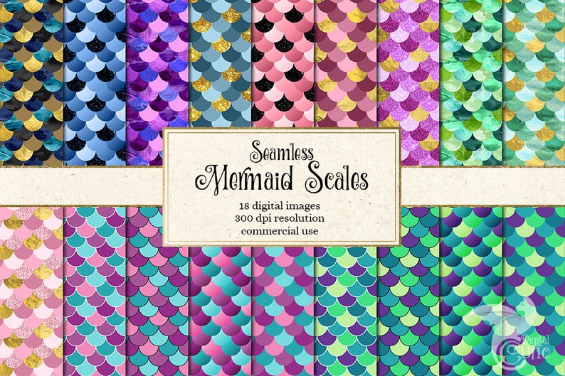 Seamless Mermaid Scales Digital paper, mermaid tail textures, scale patterns, invitation backgrounds, nautical printable scrapbook paper image 1