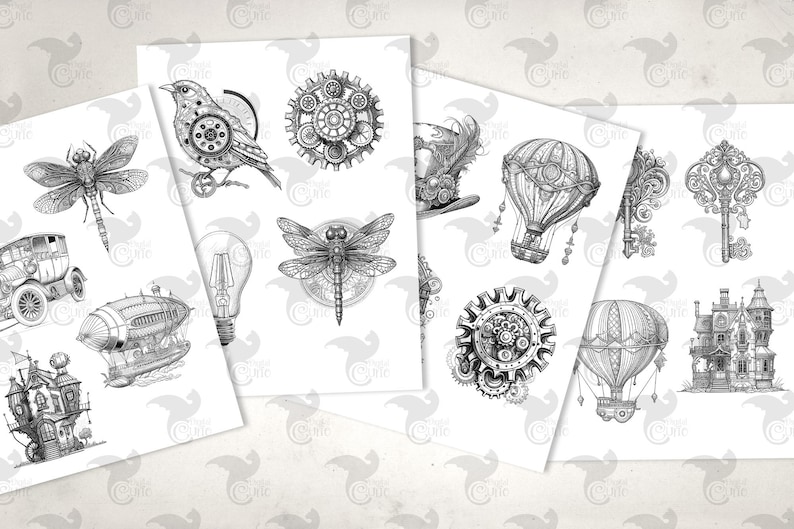 Steampunk Line Texture Steampunk Line Art Clipart – Fantasy Graphics, Collage Sheets (digital ...